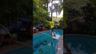 Pour 100$ il tente le pari de traverser une piscine sur une poutre en bois